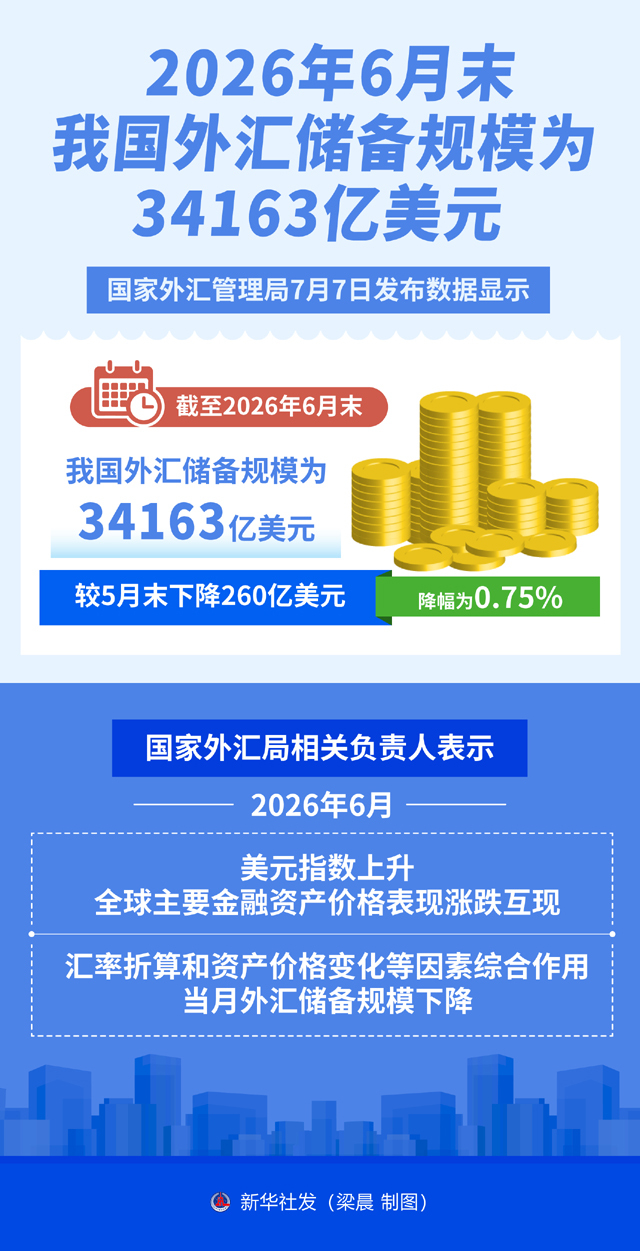 图表：2026年6月末我国外汇储备规模为34163亿美元